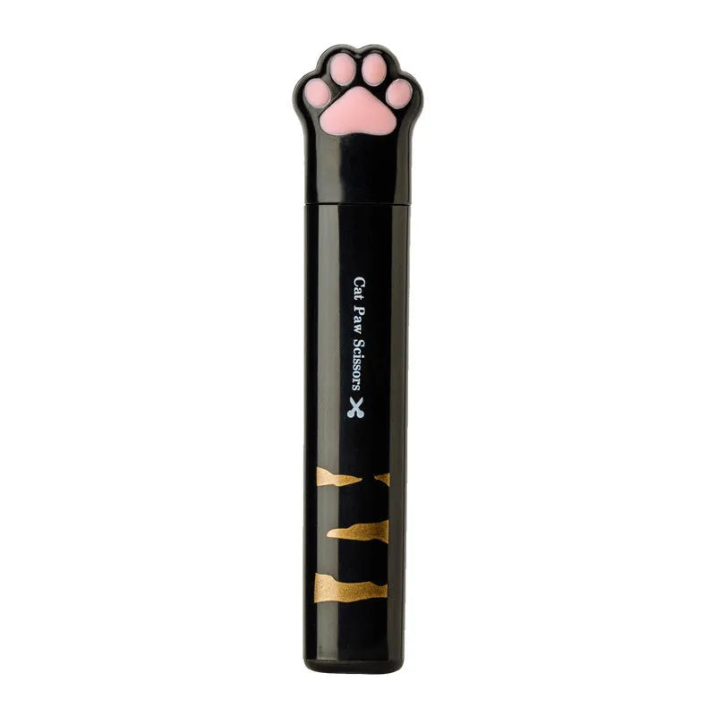Cat paw mini folding scissors in four colours showing stainless steel blades and compact 8.7cm size
