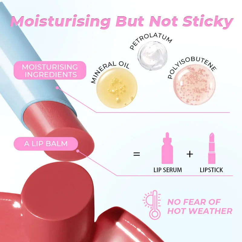 Waterproof moisturising lipstick bullet showing six colour options with 1.8g content
