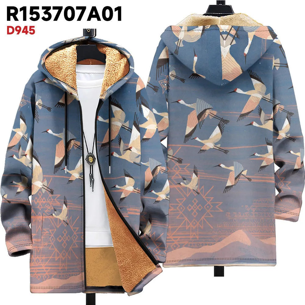 Man wearing a loose-fit zip-up hooded cardigan with a multicolour digital print pattern.