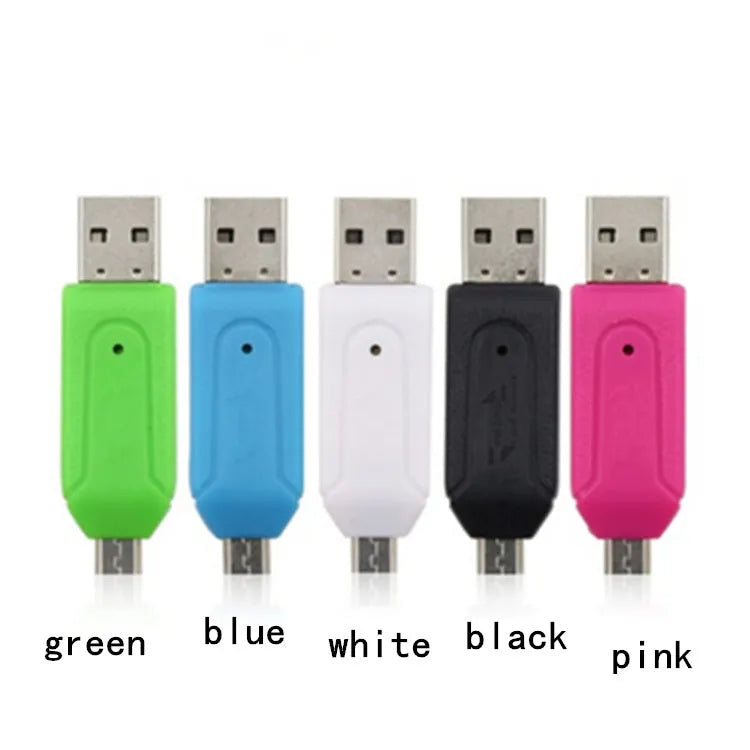 White OTG card reader with micro USB connector for Android phones and computers with SD and TF card slots