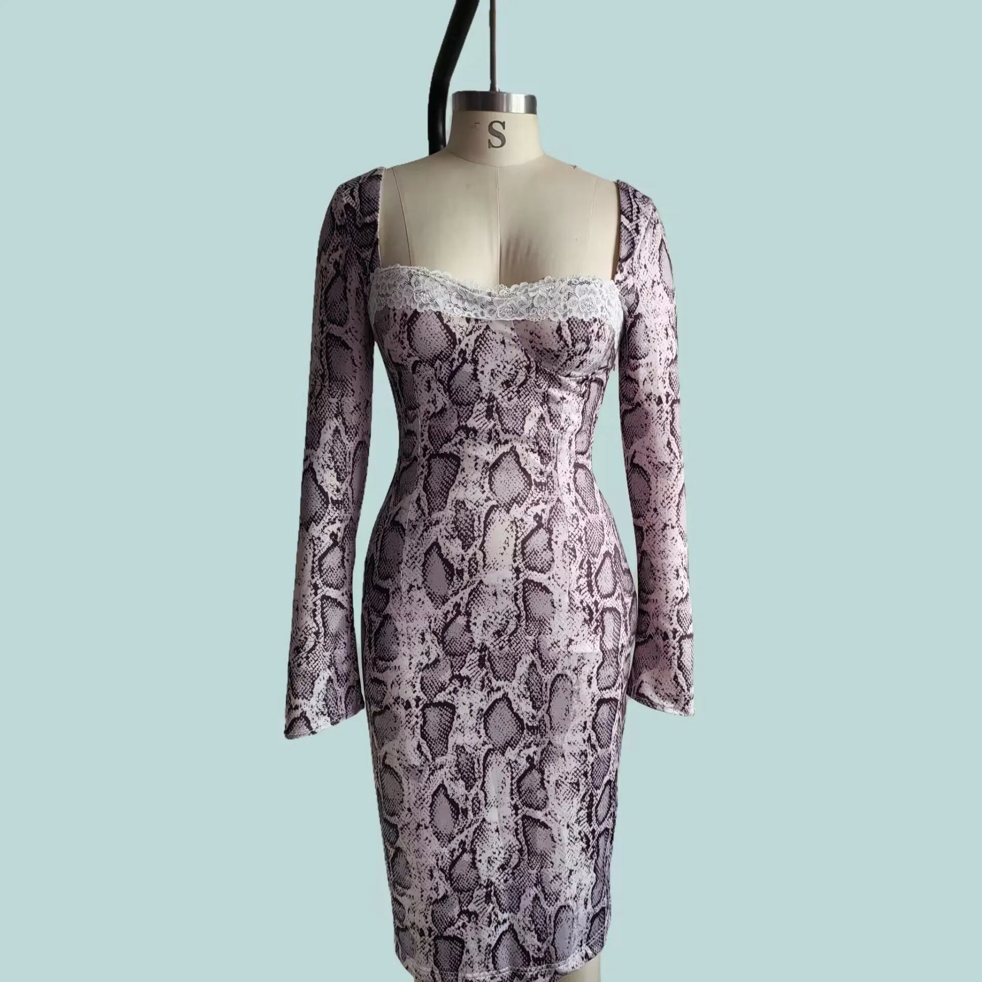 Grey slim fit lace dress with long sleeves, A-line skirt, and 3D digital print pattern.