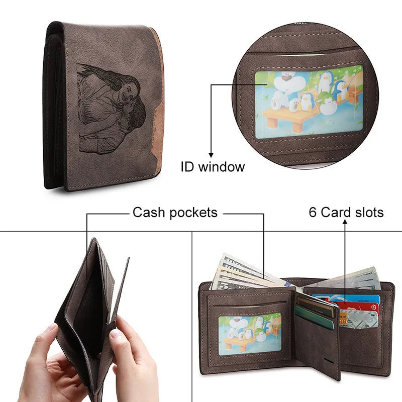 Coffee brown personalised photo engraved horizontal short wallet showing custom design