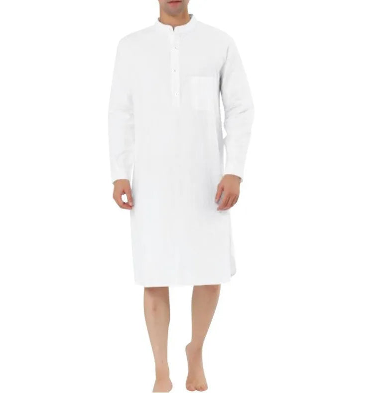 Men's cotton shirt robe in light blue with simple chest pocket, shown with relaxed fit for home wear