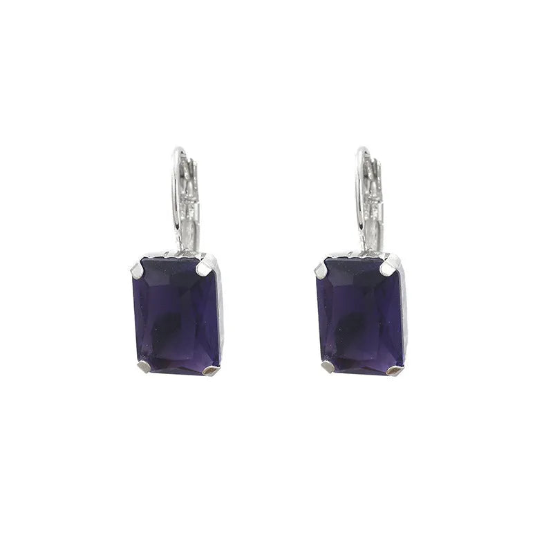 Women's square crystal earrings in purple colour on copper base, 25x10mm size pair