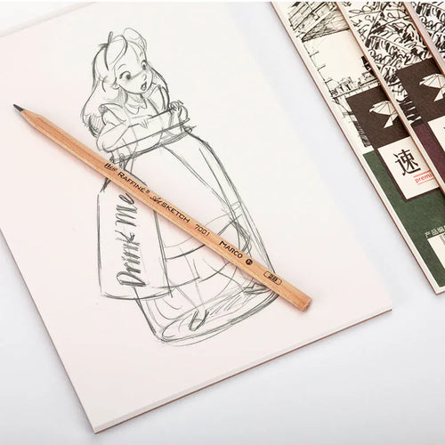 A4 artist sketch book showing coil bound, glue bound pad, and flip book binding options on a table with pencils.