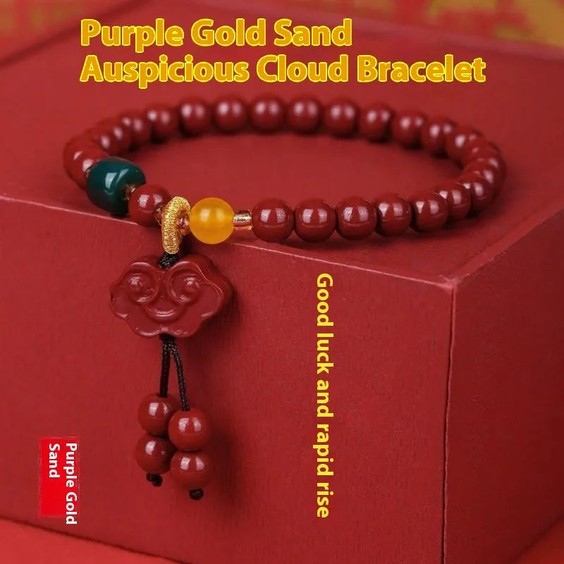 Handmade cinnabar fox pendant bracelet with peace buckle and auspicious cloud motifs