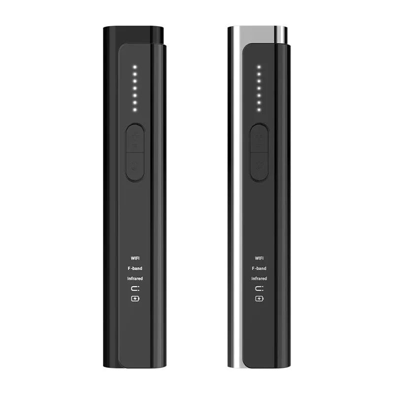 Black or silver anti spy camera detector with dimensions 160mm x 88mm x 47mm
