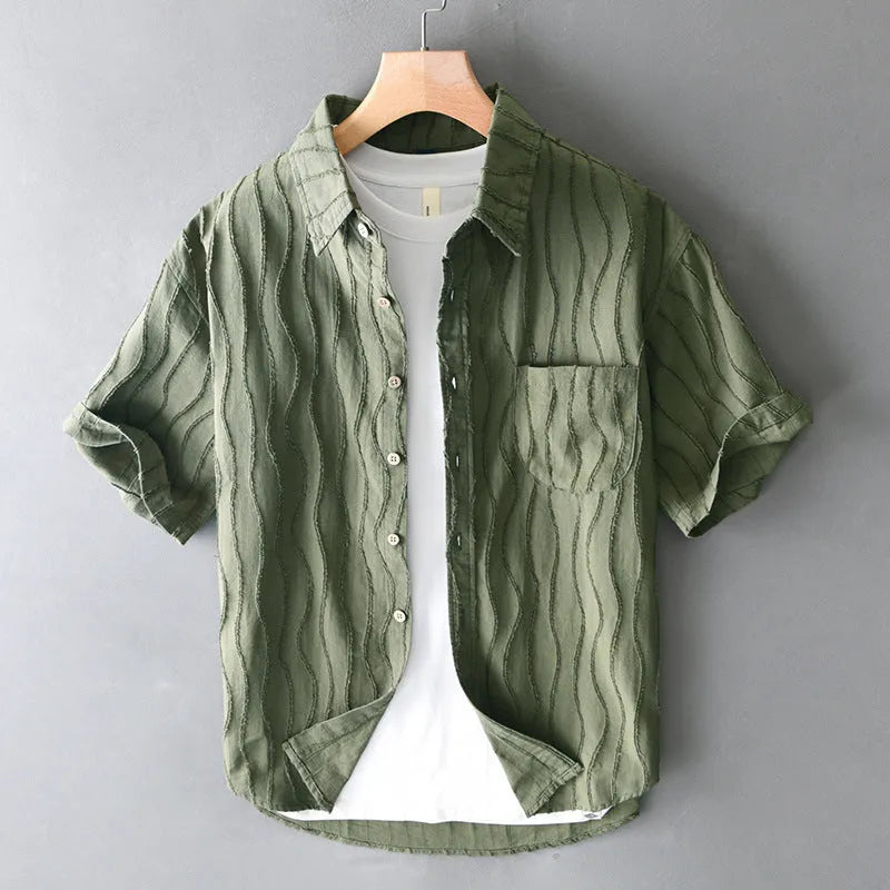 Men's pure cotton Japanese style casual shirt in apricot and Army green colours