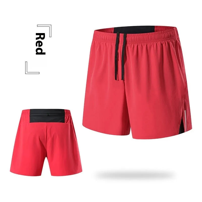 Men's red off-road running shorts with high-waist loose fit for trail running