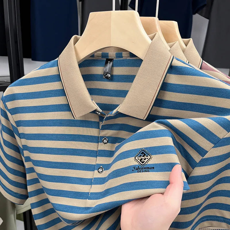 Men's striped casual short sleeve shirt with mosaic pattern detail in polyester fabric