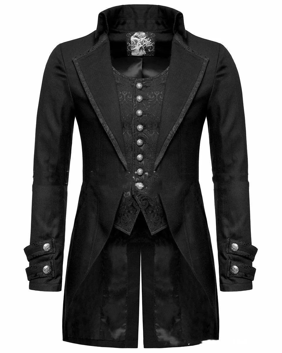 Black Victorian morning gown cosplay jacket with chemical fibre blend construction showing front view