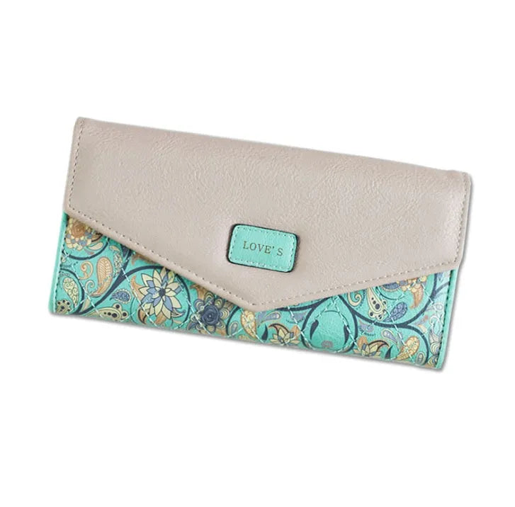 Women's three-fold PU leather student wallet with a clip closure, shown in multiple colour options