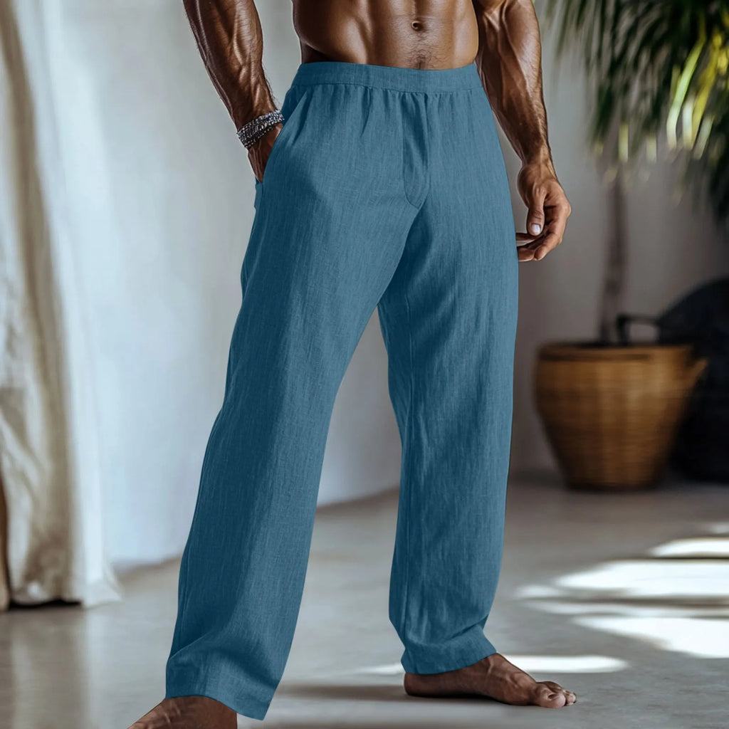 Straight leg cotton linen casual trousers in peacock blue colour with five-pocket design