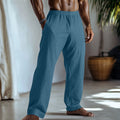 Straight leg cotton linen casual trousers in peacock blue colour with five-pocket design