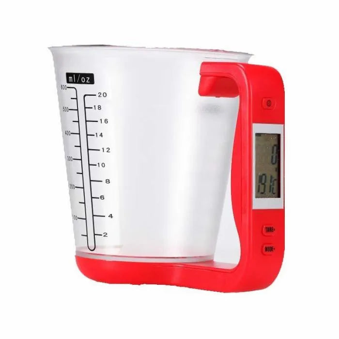 Green electronic kitchen scale measuring cup with digital LCD display on handle.