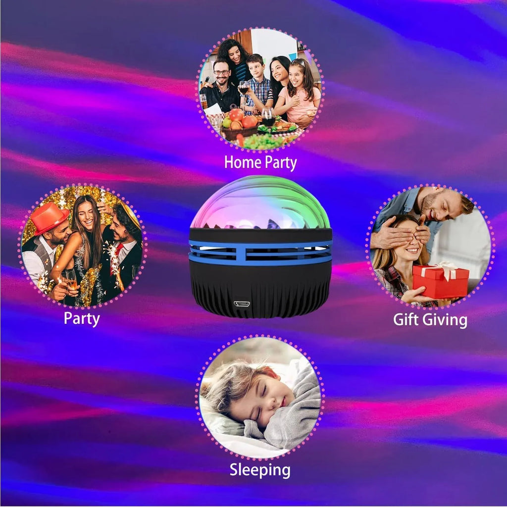 USB-powered LED galaxy projector lamp with rotating ball on a table, showing starry light projection.