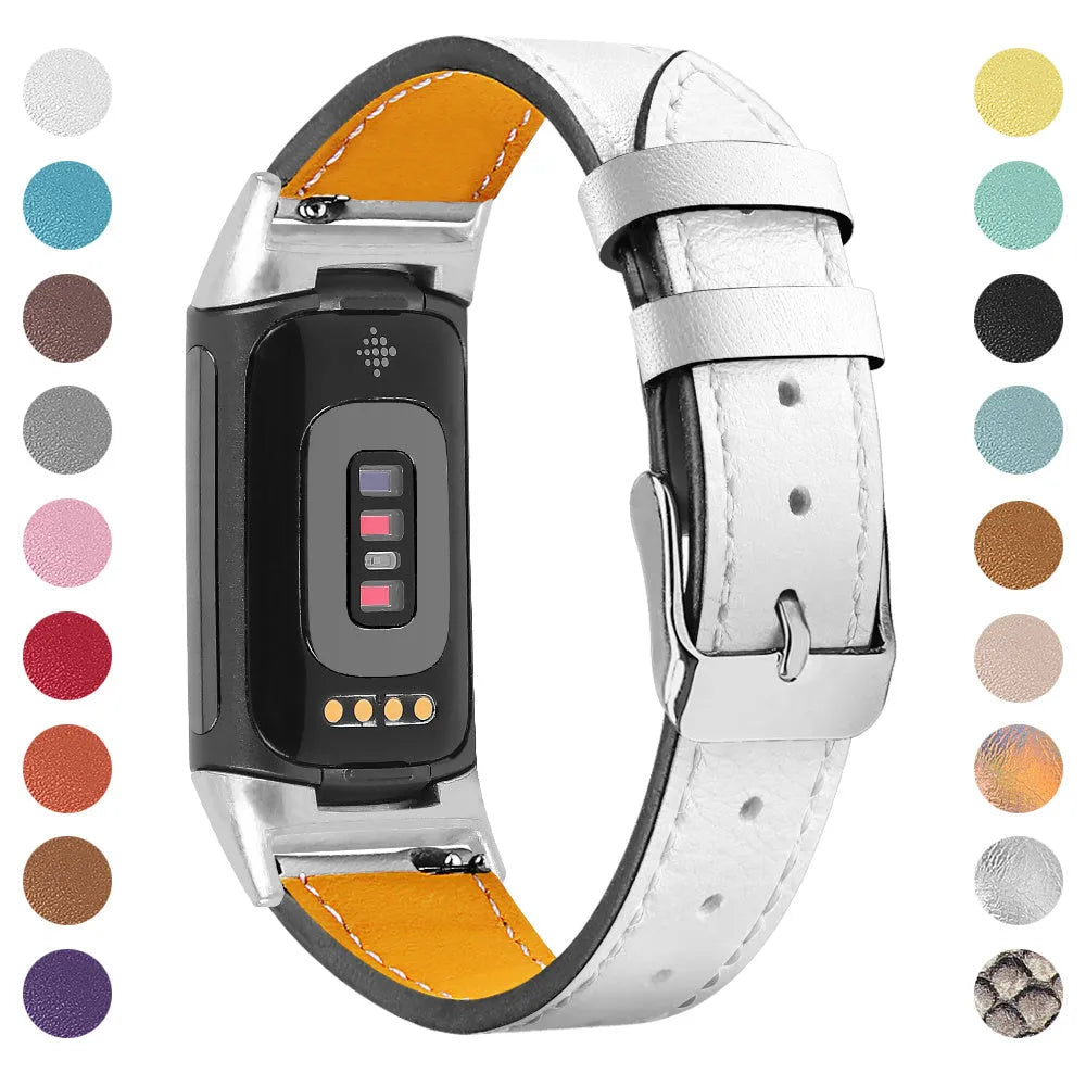 Genuine brown leather watch strap for Fitbit Charge 5 and Charge 6 smartwatches.