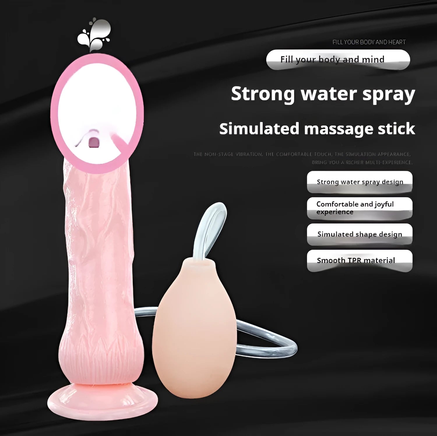 Suction cup female toy with strong base, 200mm length, 40mm diameter, flesh colour, TPR and ABS materials