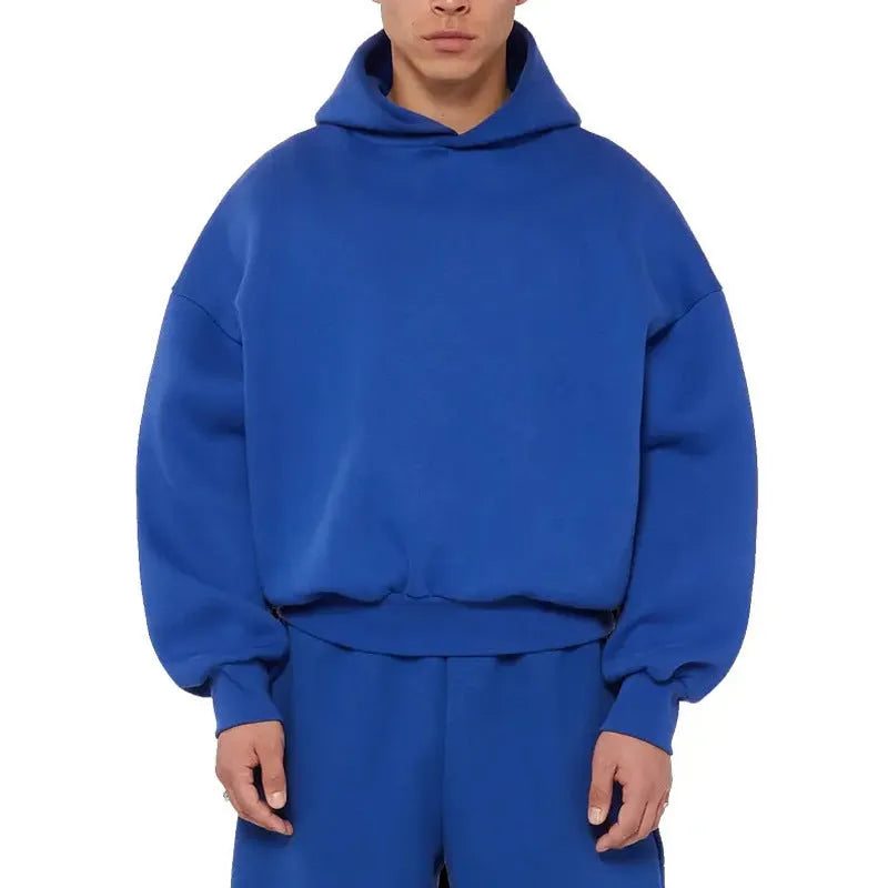 Men's solid colour fleece-lined cotton pullover hoodie with wool lining