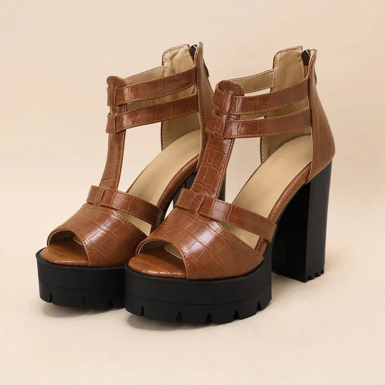 Women's black platform high heel sandals with a round toe and back zipper.