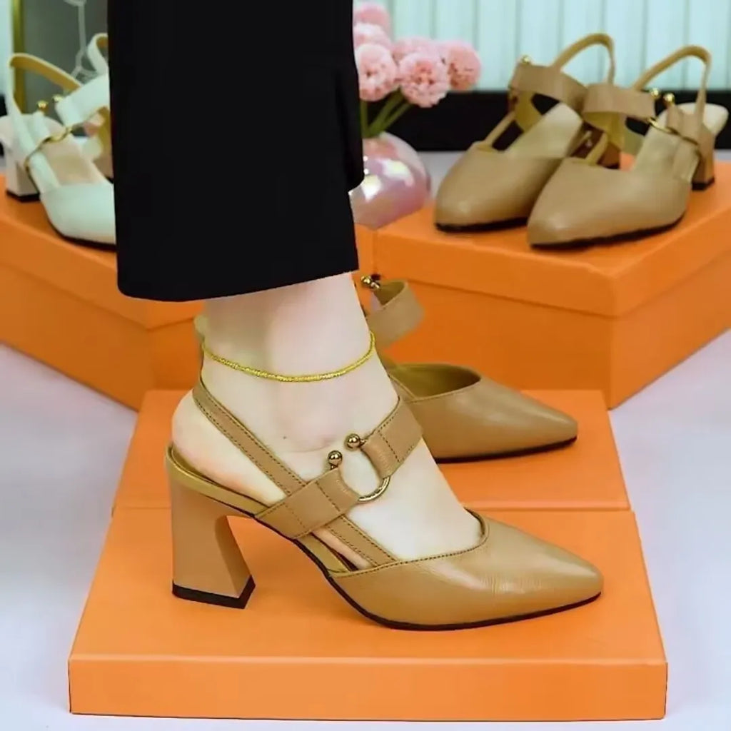 Women's apricot coloured closed toe sandals with a chunky block heel and pigskin leather upper.