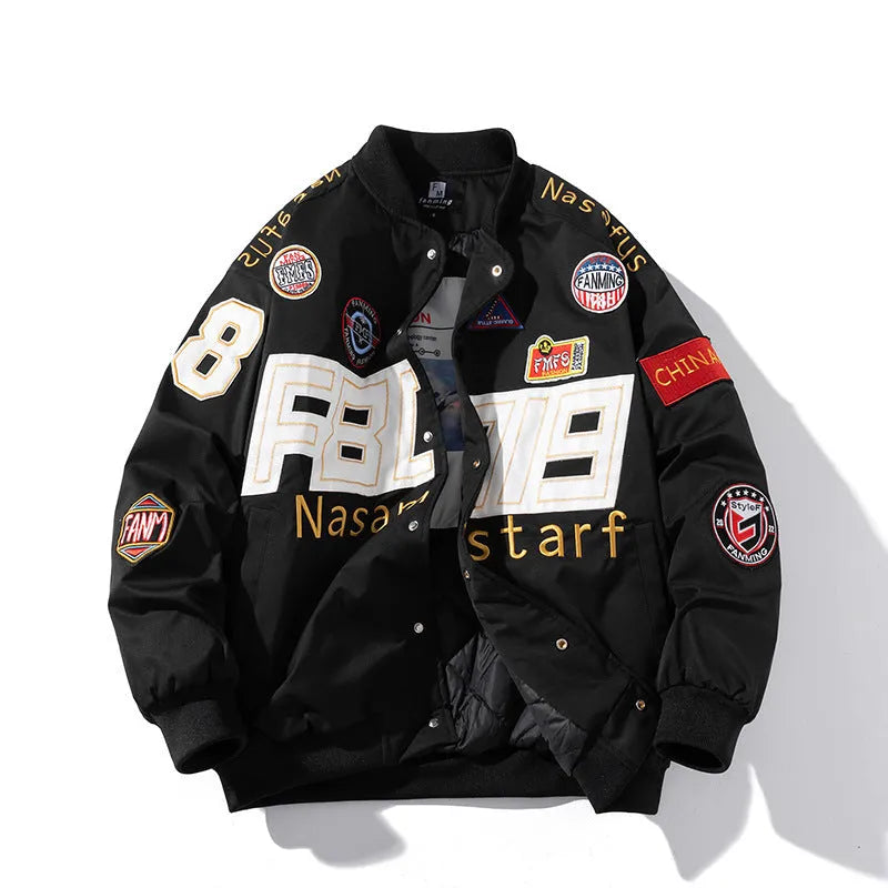 Black American motorcycle baseball uniform with removable hood for couples in autumn winter style