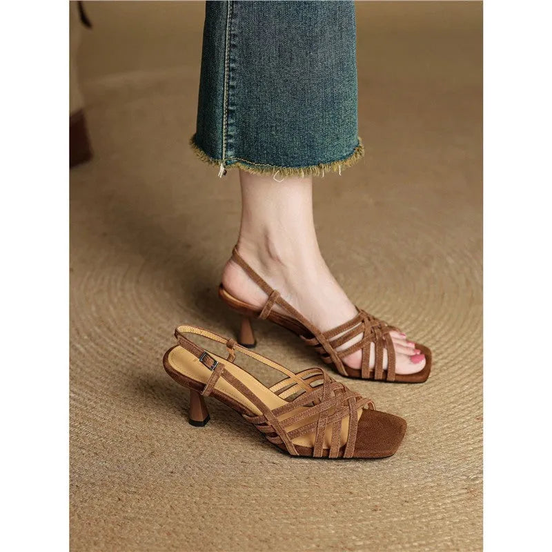 Retro soft leather thin cross straps high heel sandals with square toe and ankle buckle in beige black and light brown