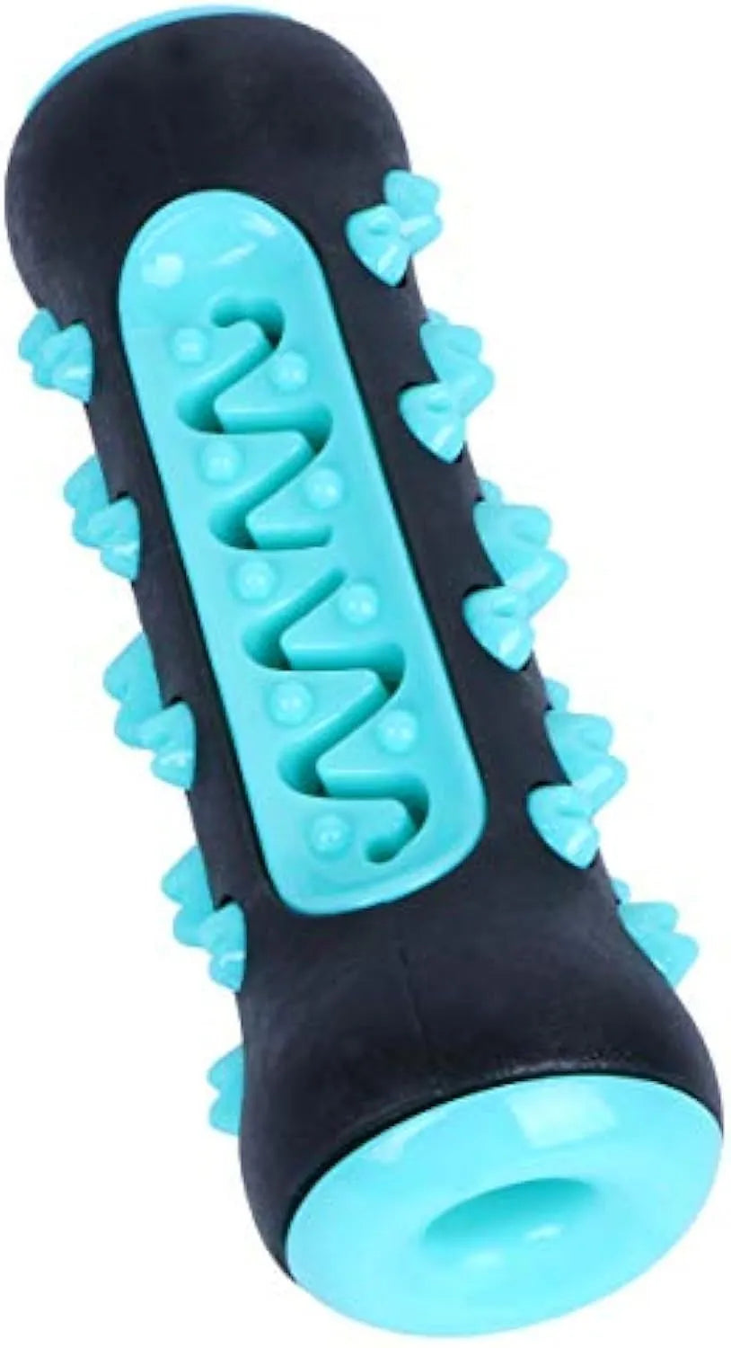 Natural rubber dog dental chew toy with textured cleaning surfaces, 15cm long, in blue colour
