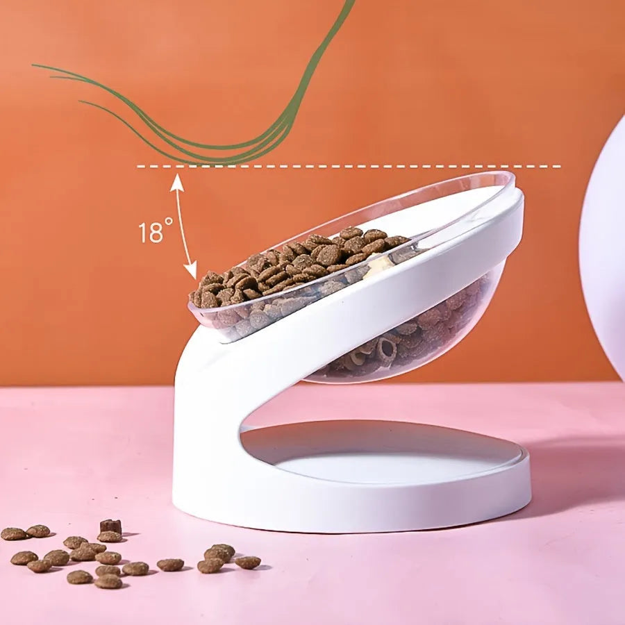 Clear plastic elevated cat food bowl with tilted design for anti-vomit feeding