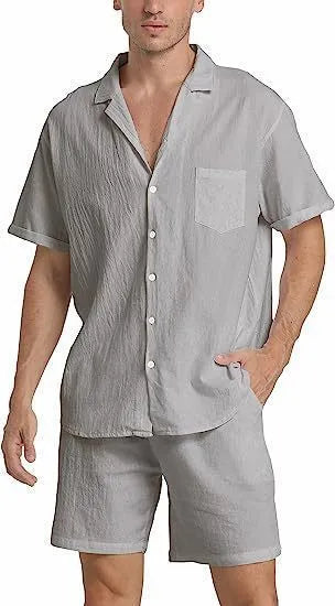 Men's flax linen short-sleeve top and shorts summer sports suit in army green