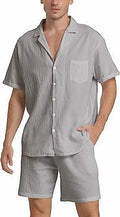 Men's flax linen short-sleeve top and shorts summer sports suit in army green
