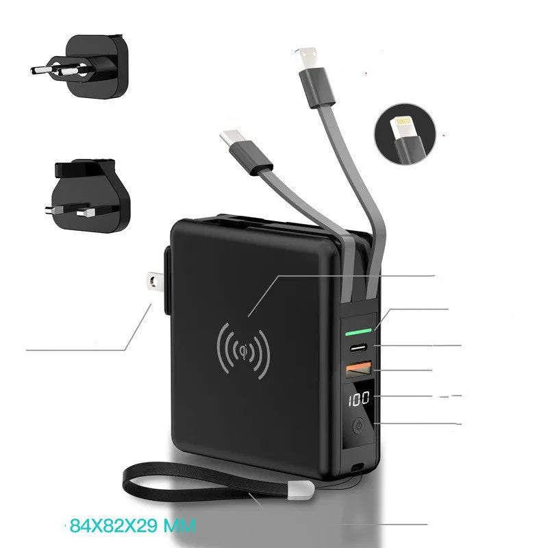 PD20W fast power bank with wireless charging and built-in plug in black or white colours