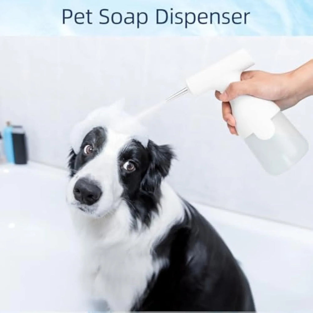 White electric foam soap dispenser with two nozzles and USB charging cable for pet bath and home cleaning