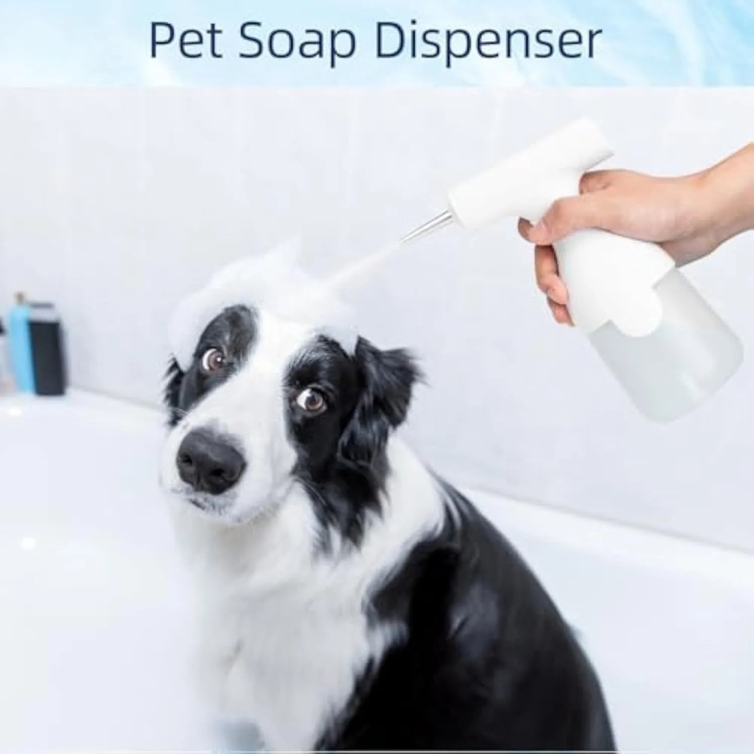 White electric foam soap dispenser with two nozzles and USB charging cable for pet bath and home cleaning