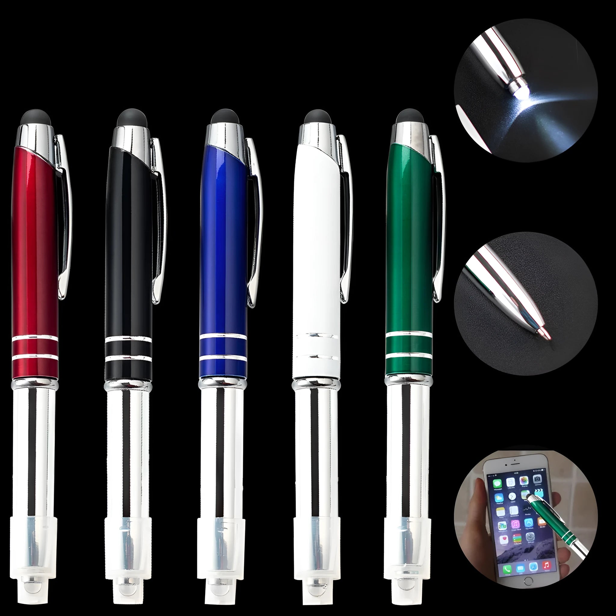 Metal multifunctional pen with capacitive stylus tip and LED light in five colour options