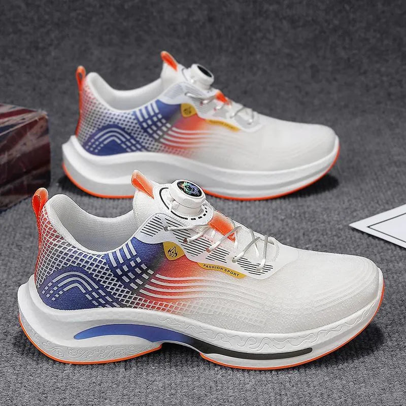 Men's low-top white and blue sneaker with a rotating buckle and mesh upper.