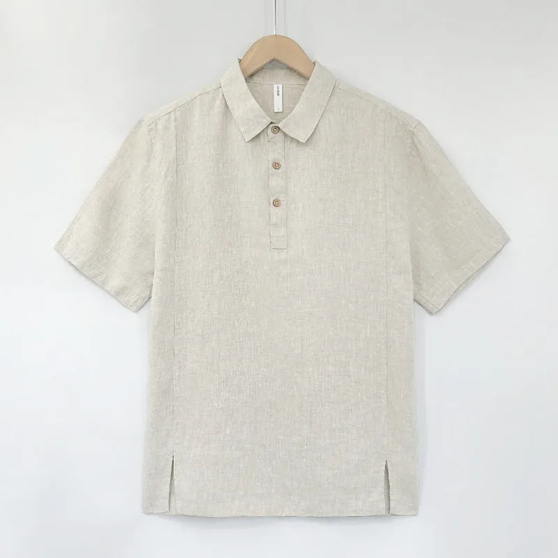 Men's loose fit linen summer shirt with thin lapels and short sleeves in grey green colour.