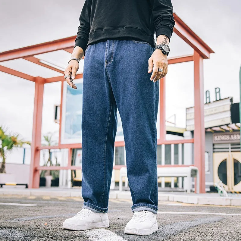 Men's loose straight jeans in cotton fabric available in dark blue, light blue and grey colours