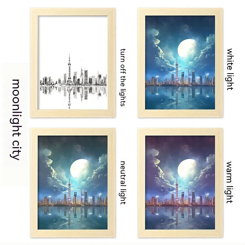 LED illuminated picture frame night lamp showing landscape design with USB cable connection