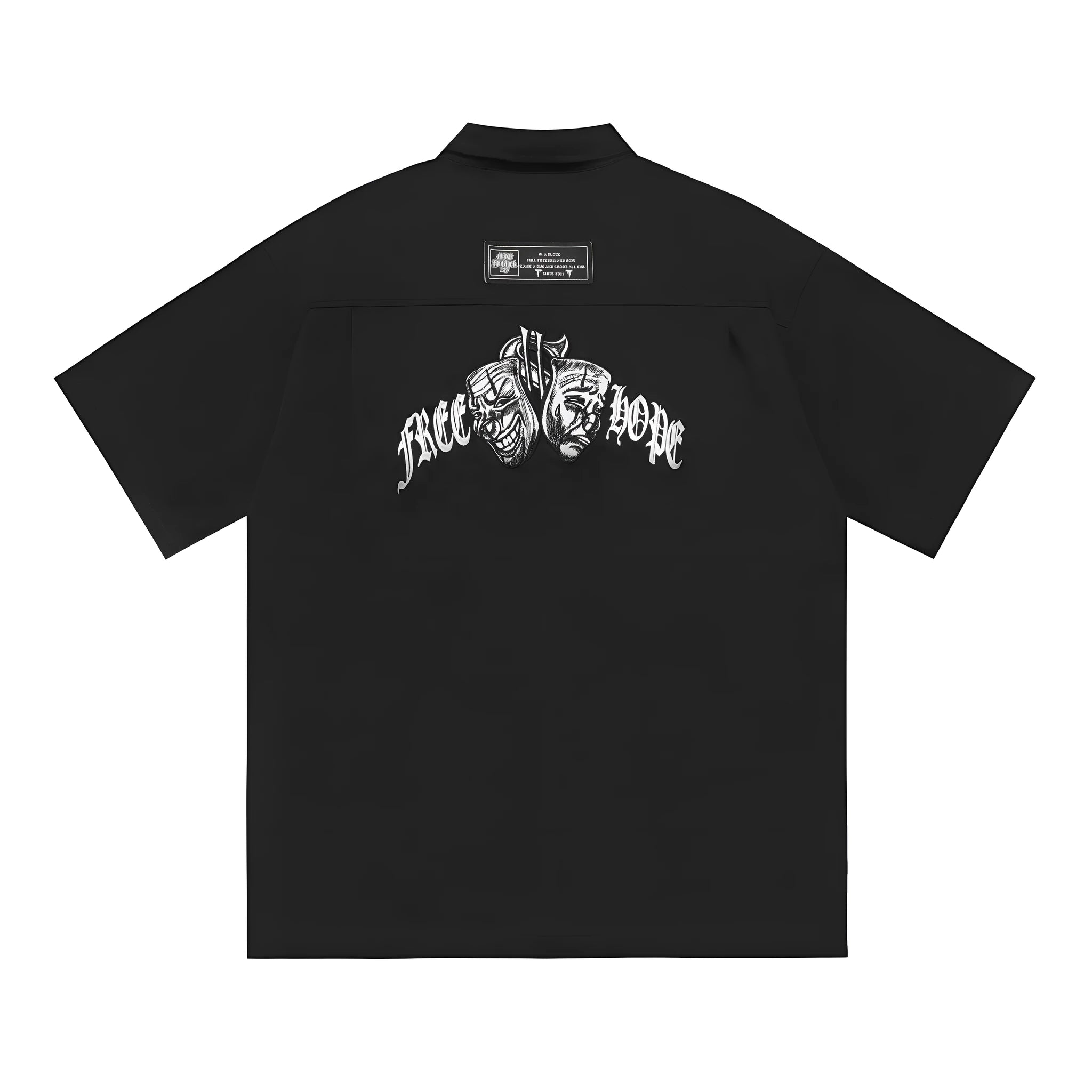 Men's black cotton blend shirt with embroidery detail on front, loose fit with short sleeves
