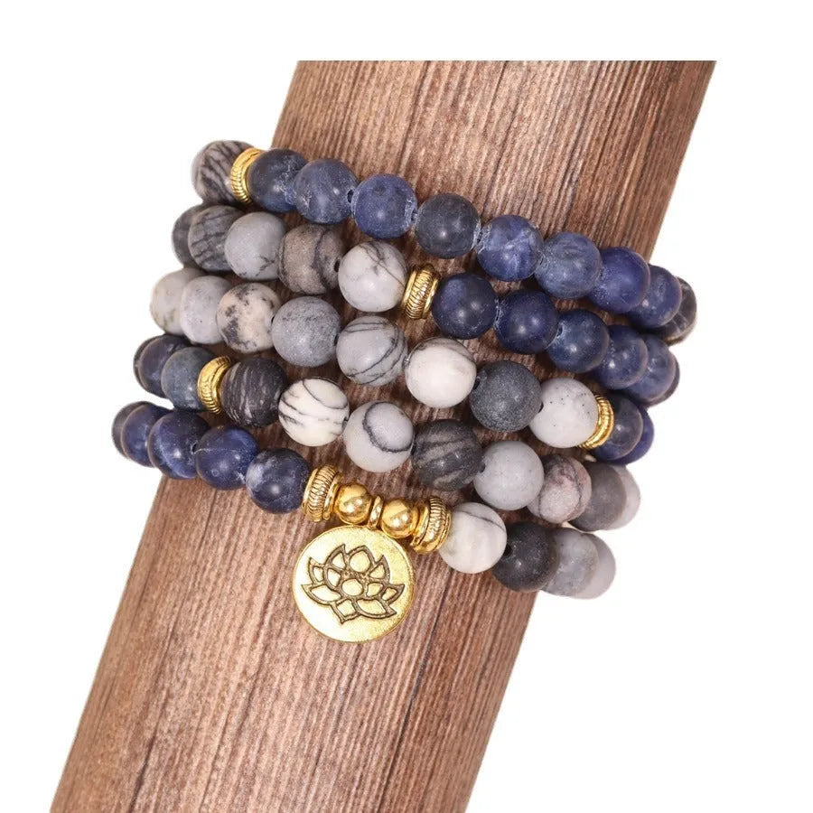Blue patterned network stone bead multi-layer bracelet with alloy metal details