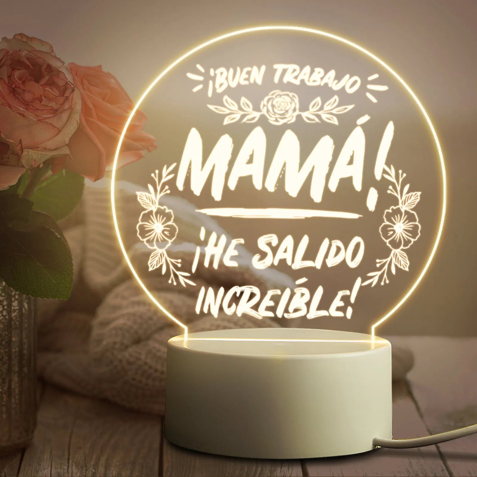 Modern white bedside night light with acrylic shade on ABS base, connected via USB cable.