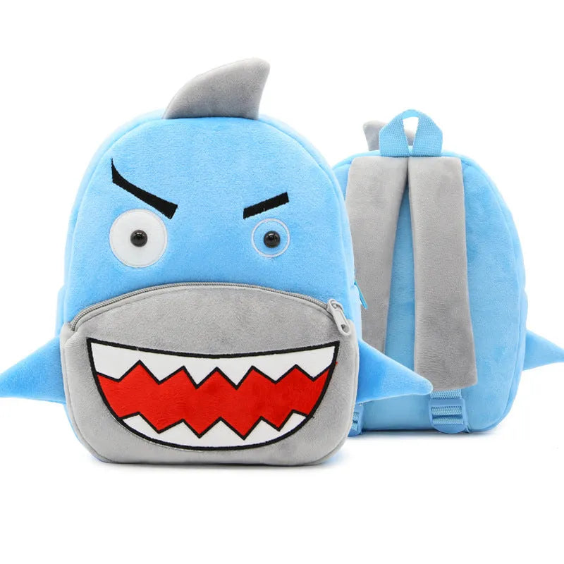 Plush children's backpack with animal design showing soft texture and zipper opening