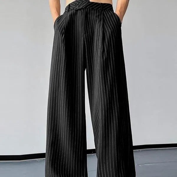 Men's black vertical striped pleated casual trousers with elastic waist