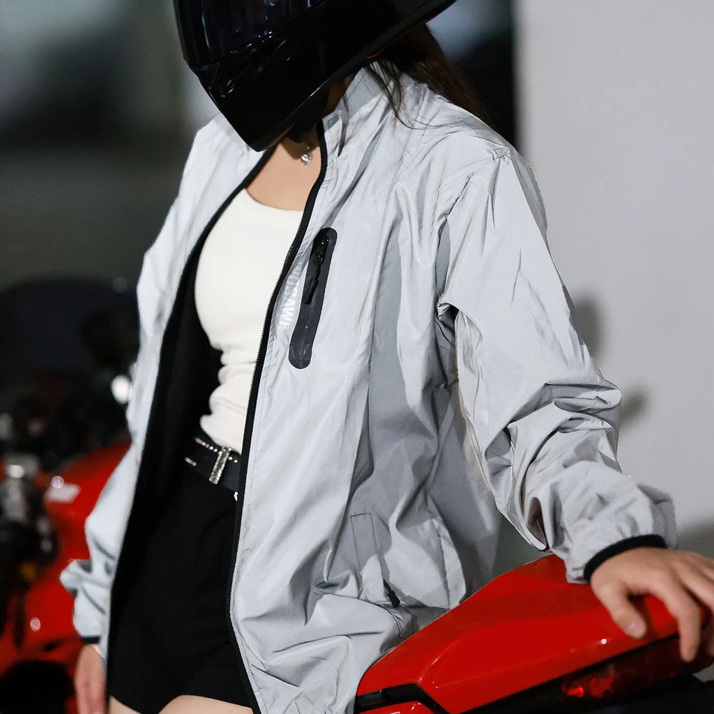 Silver waterproof windproof polyester long sleeve coat showing front view