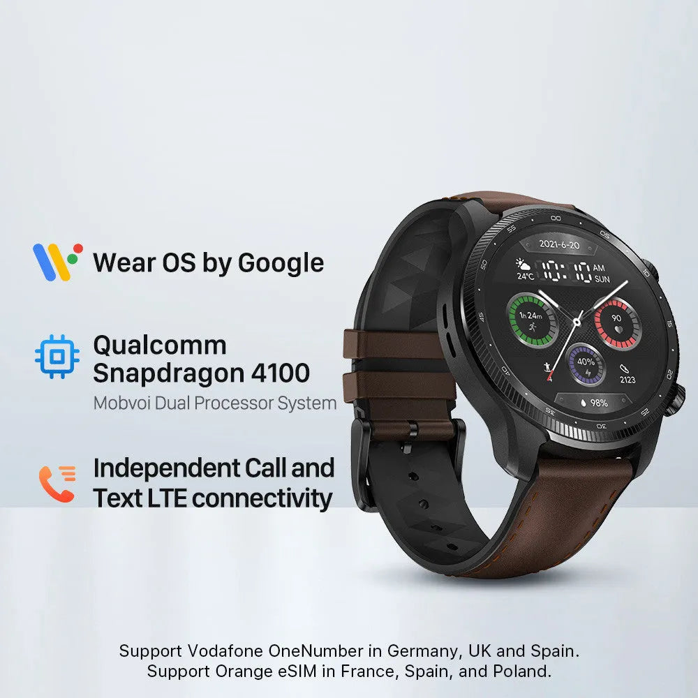 Ticwatch Pro X black smartwatch with round 47mm display showing watch face and activity tracking data