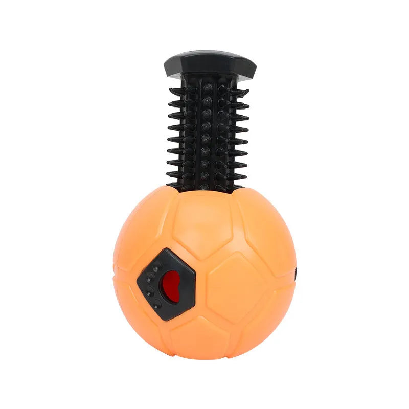 Orange and white TPR dog chew balls showing hollow and teeth cleaning stick styles