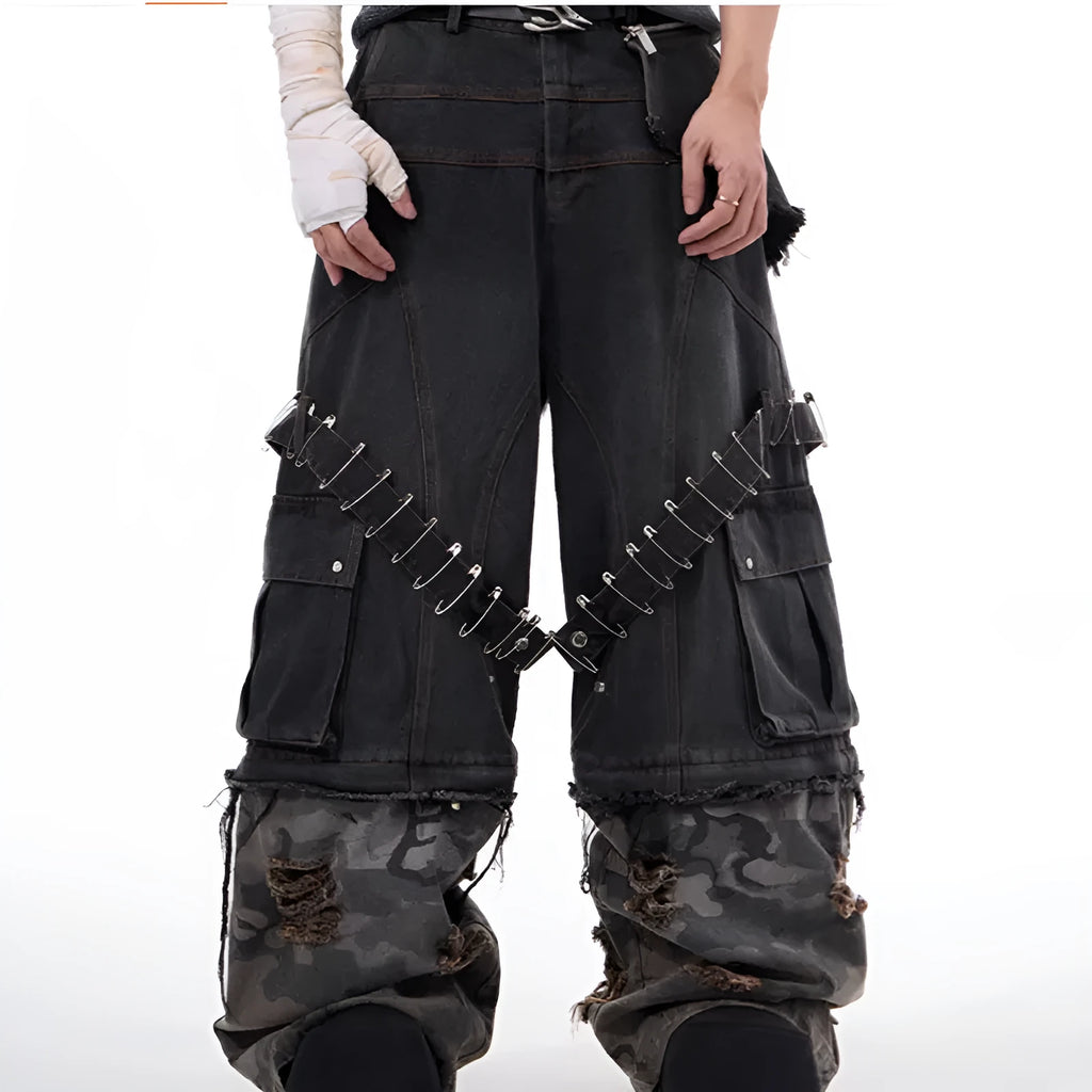 Men's grey camouflage jeans with pin and ribbon splicing detail on the legs.