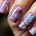 Purple striped self-adhesive nail stickers in medium length European and American style design