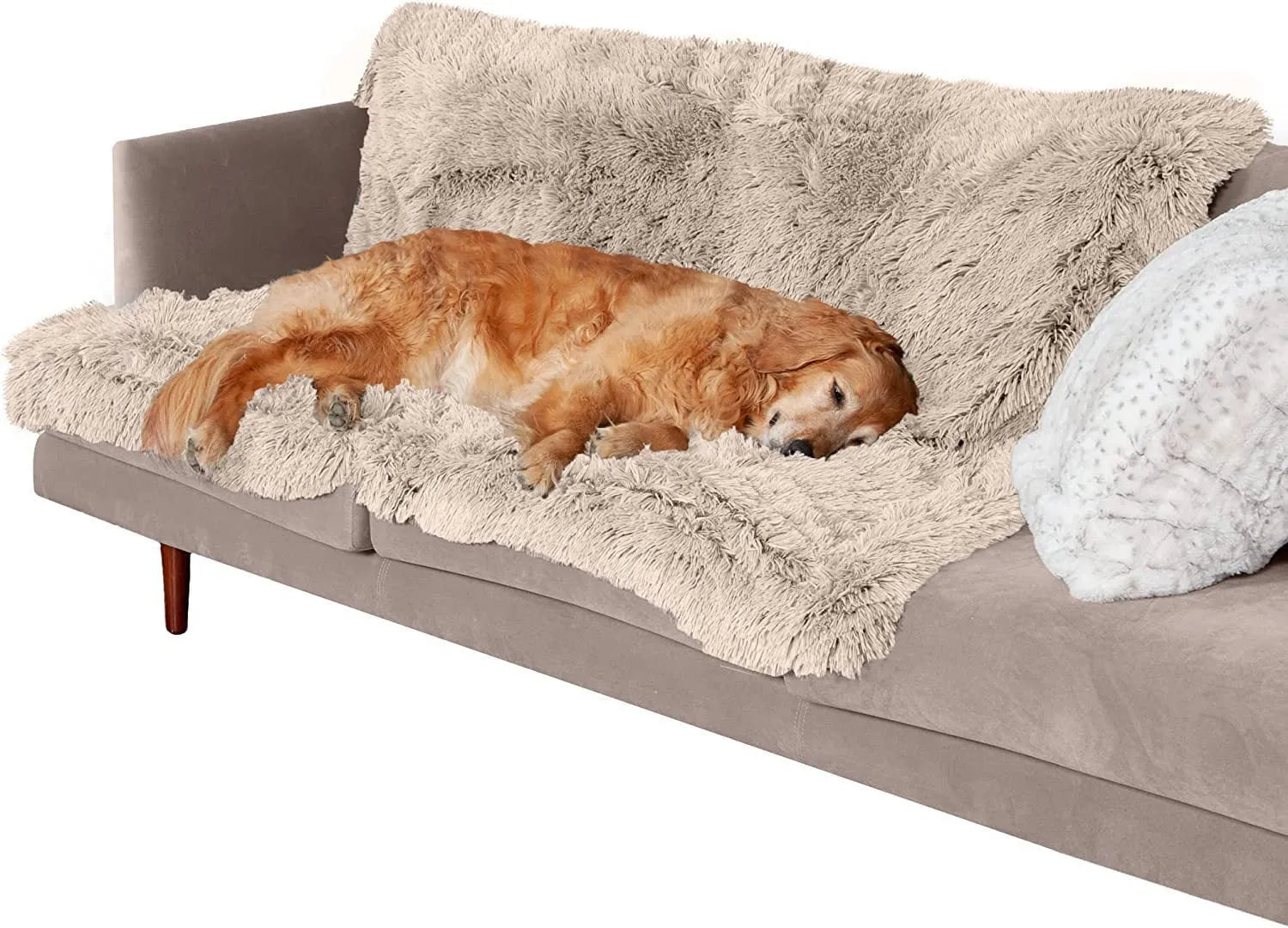 Plush waterproof dog cushion in dark grey, shown in a large size on a wooden floor.
